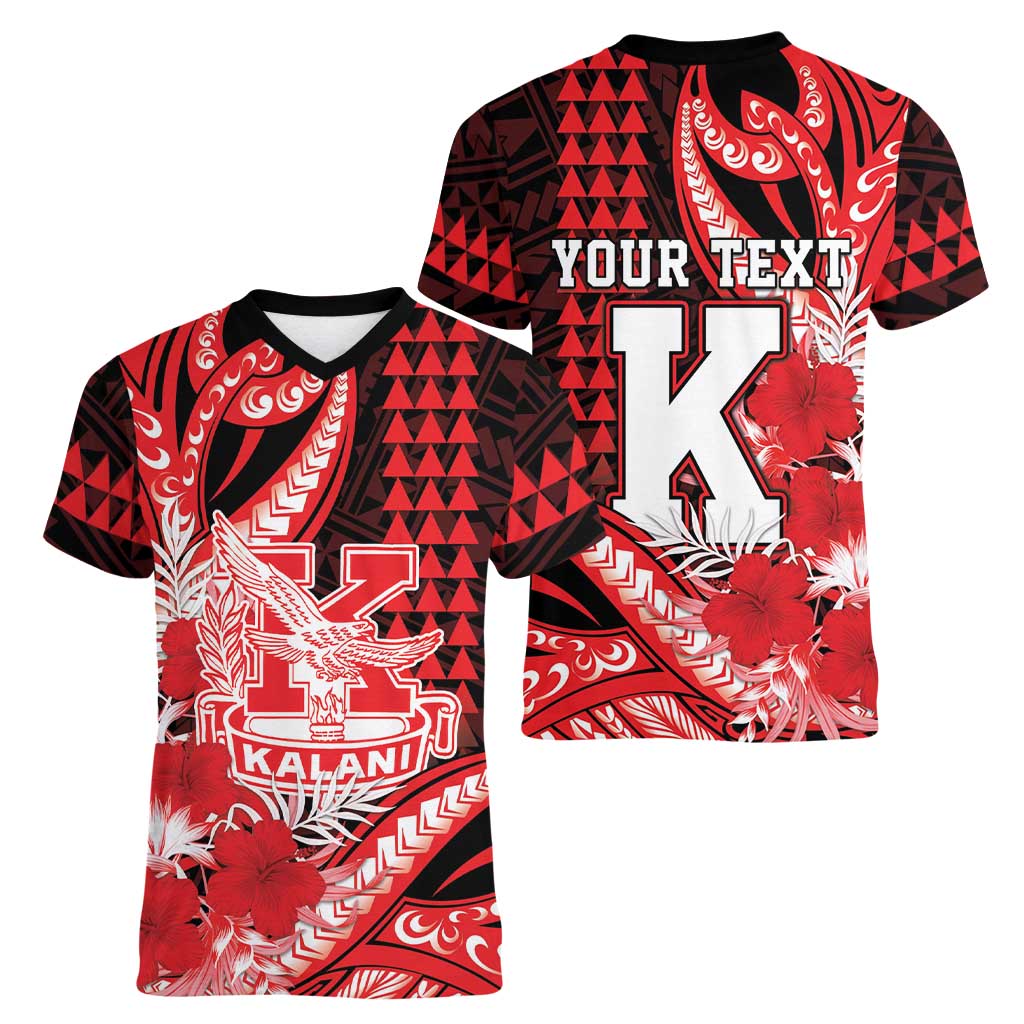 Personalised Hawaii Kalani High School Women V-Neck T-Shirt Tribal Tattoo With Hibiscus Flowers LT05 - Polynesian Pride