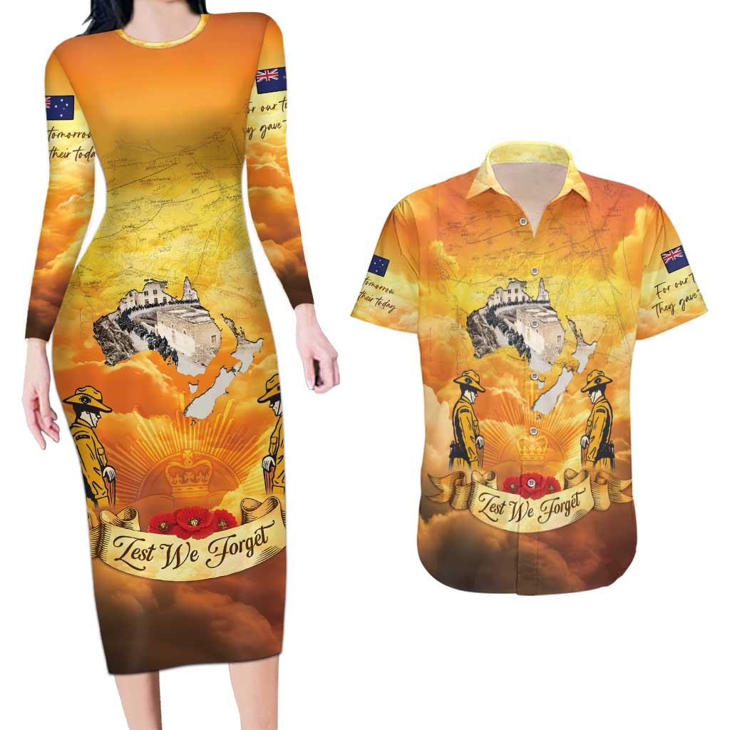 New Zealand And Australia ANZAC Day Couples Matching Long Sleeve Bodycon Dress and Hawaiian Shirt Sinai Palestine Campaign Lest We Forget LT05 Orange - Polynesian Pride