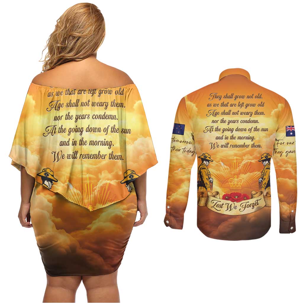New Zealand And Australia ANZAC Day Couples Matching Off Shoulder Short Dress and Long Sleeve Button Shirt Sinai Palestine Campaign Lest We Forget LT05 - Polynesian Pride
