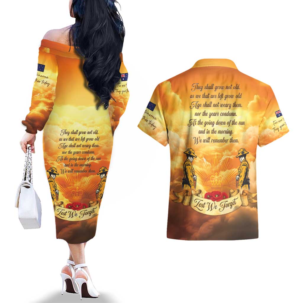 New Zealand And Australia ANZAC Day Couples Matching Off The Shoulder Long Sleeve Dress and Hawaiian Shirt Sinai Palestine Campaign Lest We Forget LT05 - Polynesian Pride