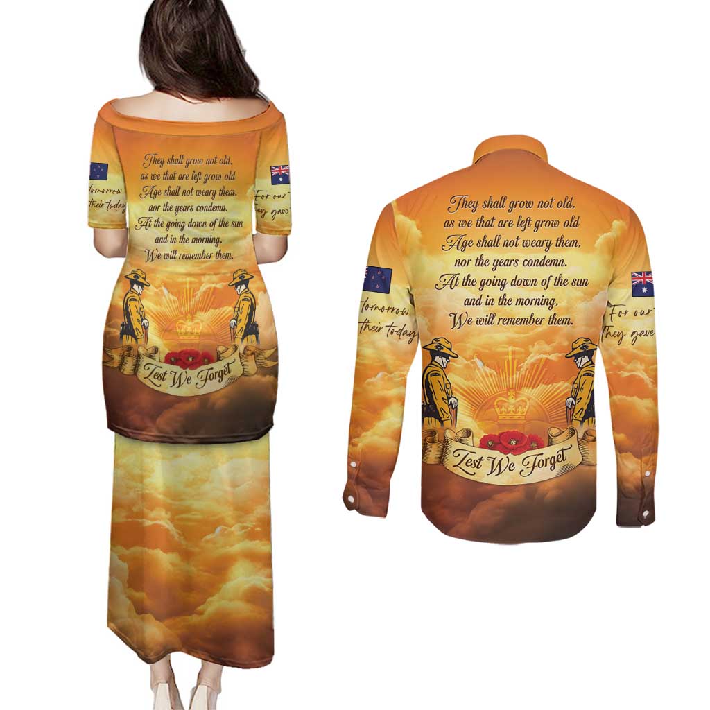 New Zealand And Australia ANZAC Day Couples Matching Puletasi and Long Sleeve Button Shirt Sinai Palestine Campaign Lest We Forget LT05 - Polynesian Pride