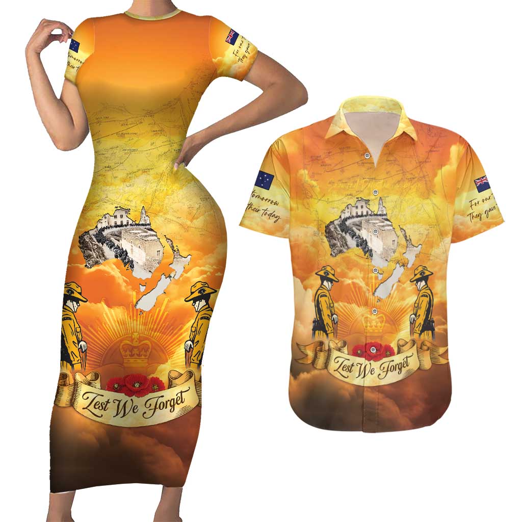New Zealand And Australia ANZAC Day Couples Matching Short Sleeve Bodycon Dress and Hawaiian Shirt Sinai Palestine Campaign Lest We Forget LT05 Orange - Polynesian Pride