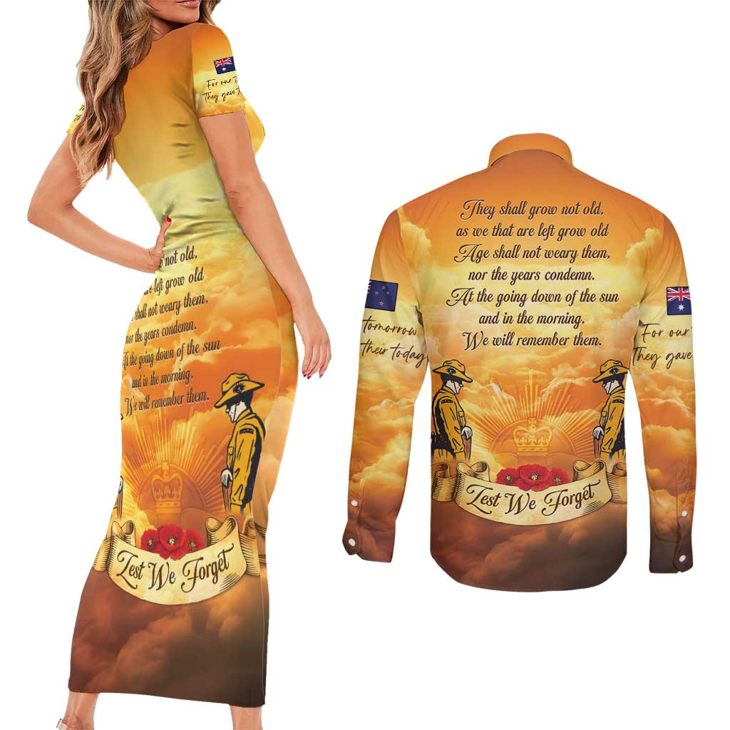 New Zealand And Australia ANZAC Day Couples Matching Short Sleeve Bodycon Dress and Long Sleeve Button Shirt Sinai Palestine Campaign Lest We Forget LT05 - Polynesian Pride
