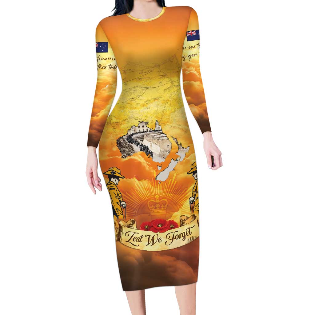 New Zealand And Australia ANZAC Day Family Matching Long Sleeve Bodycon Dress and Hawaiian Shirt Sinai Palestine Campaign Lest We Forget LT05 Mom's Dress Orange - Polynesian Pride