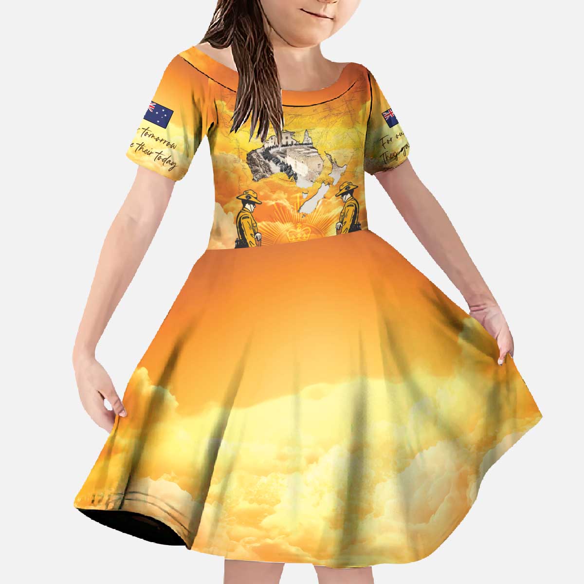 New Zealand And Australia ANZAC Day Family Matching Off The Shoulder Long Sleeve Dress and Hawaiian Shirt Sinai Palestine Campaign Lest We Forget LT05 Daughter's Dress Orange - Polynesian Pride