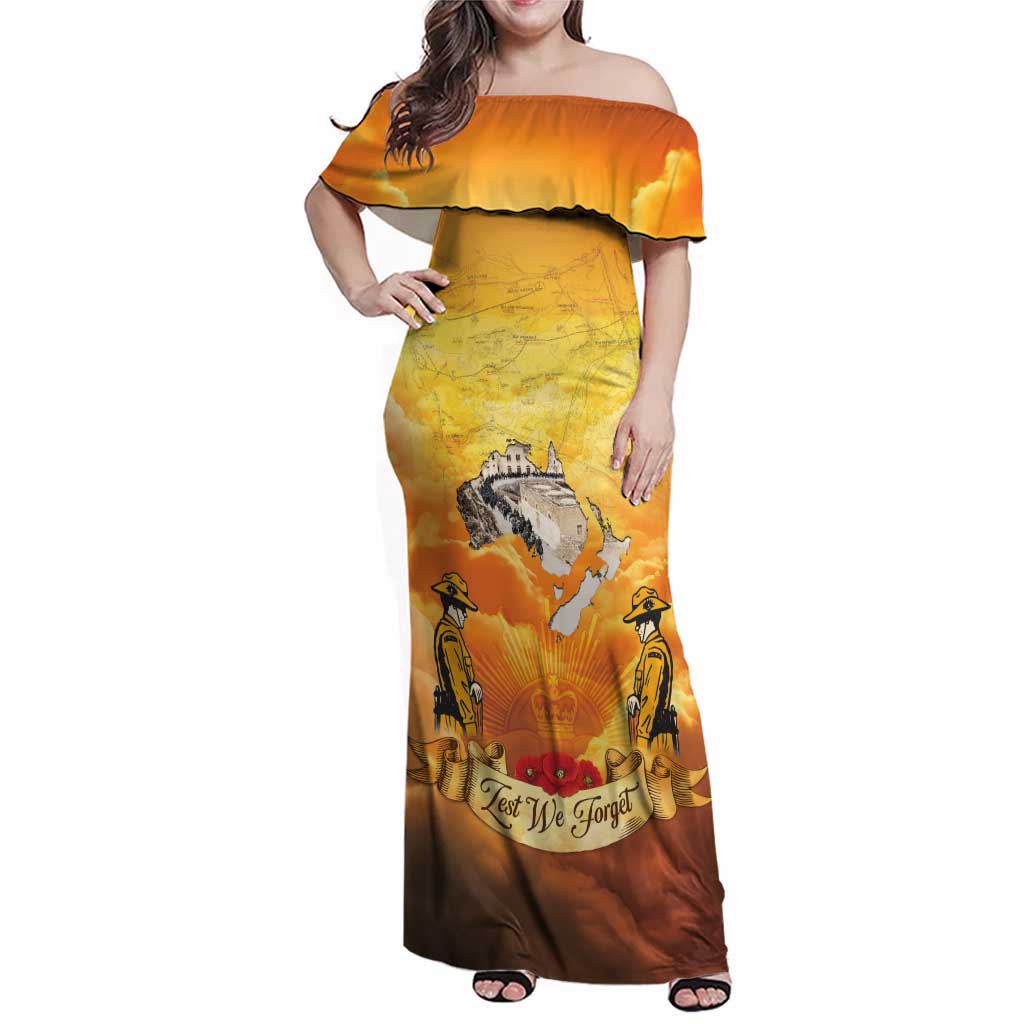 New Zealand And Australia ANZAC Day Family Matching Off Shoulder Maxi Dress and Hawaiian Shirt Sinai Palestine Campaign Lest We Forget LT05 Mom's Dress Orange - Polynesian Pride