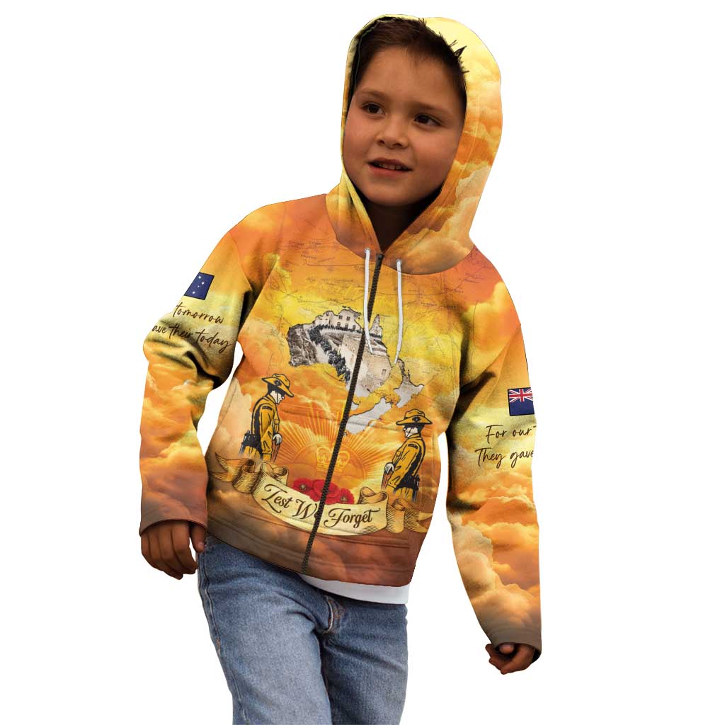 New Zealand And Australia ANZAC Day Kid Hoodie Sinai Palestine Campaign Lest We Forget LT05 - Polynesian Pride