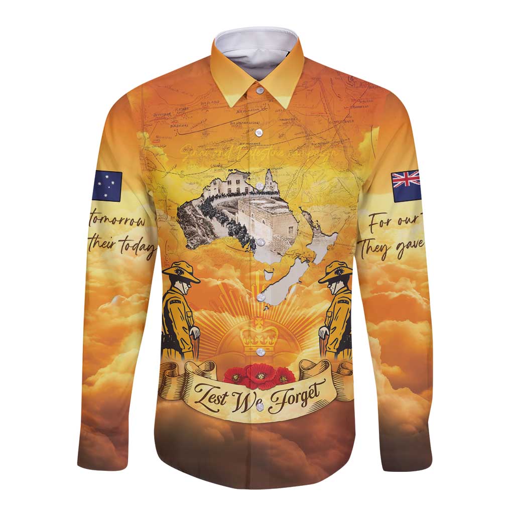 New Zealand And Australia ANZAC Day Long Sleeve Button Shirt Sinai Palestine Campaign Lest We Forget LT05 Unisex Orange - Polynesian Pride