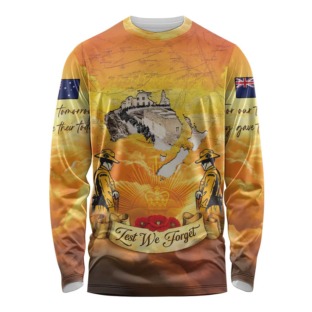 New Zealand And Australia ANZAC Day Long Sleeve Shirt Sinai Palestine Campaign Lest We Forget LT05 Unisex Orange - Polynesian Pride