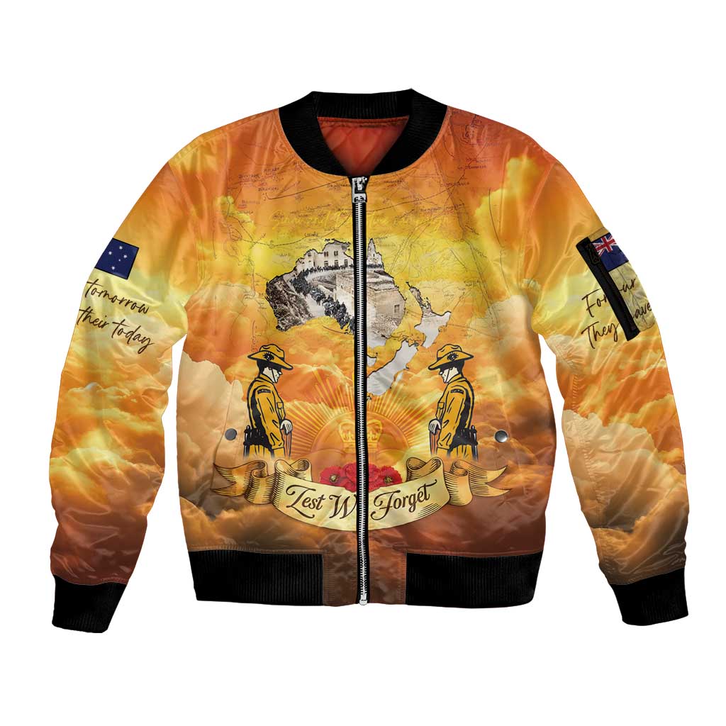 New Zealand And Australia ANZAC Day Sleeve Zip Bomber Jacket Sinai Palestine Campaign Lest We Forget LT05 Unisex Orange - Polynesian Pride