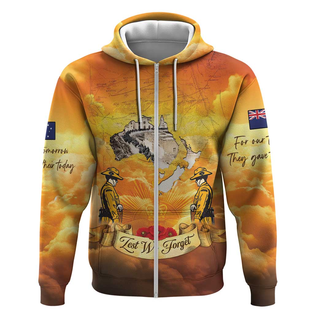 New Zealand And Australia ANZAC Day Zip Hoodie Sinai Palestine Campaign Lest We Forget LT05 Zip Hoodie Orange - Polynesian Pride