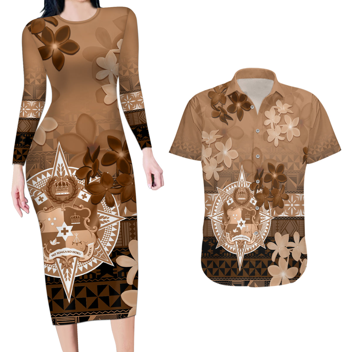 Tonga Emancipation Day Couples Matching Long Sleeve Bodycon Dress and Hawaiian Shirt Tongan Kupesi Ngatu Pattern Vintage Style LT05 Brown - Polynesian Pride