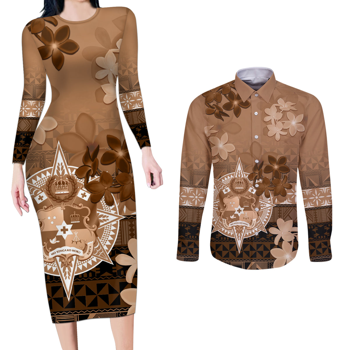 Tonga Emancipation Day Couples Matching Long Sleeve Bodycon Dress and Long Sleeve Button Shirt Tongan Kupesi Ngatu Pattern Vintage Style LT05 Brown - Polynesian Pride