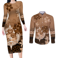 Tonga Emancipation Day Couples Matching Long Sleeve Bodycon Dress and Long Sleeve Button Shirt Tongan Kupesi Ngatu Pattern Vintage Style LT05 Brown - Polynesian Pride
