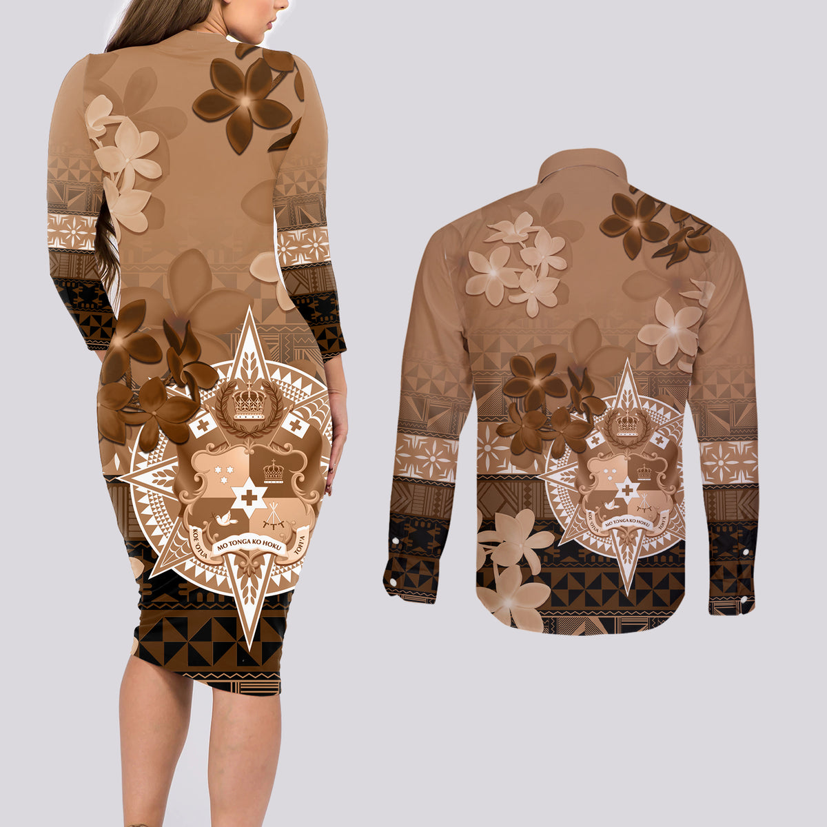 Tonga Emancipation Day Couples Matching Long Sleeve Bodycon Dress and Long Sleeve Button Shirt Tongan Kupesi Ngatu Pattern Vintage Style LT05 - Polynesian Pride