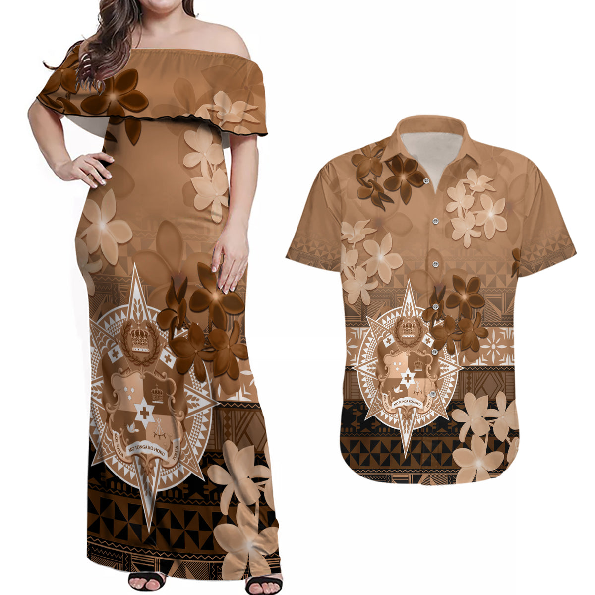 Tonga Emancipation Day Couples Matching Off Shoulder Maxi Dress and Hawaiian Shirt Tongan Kupesi Ngatu Pattern Vintage Style LT05 Brown - Polynesian Pride