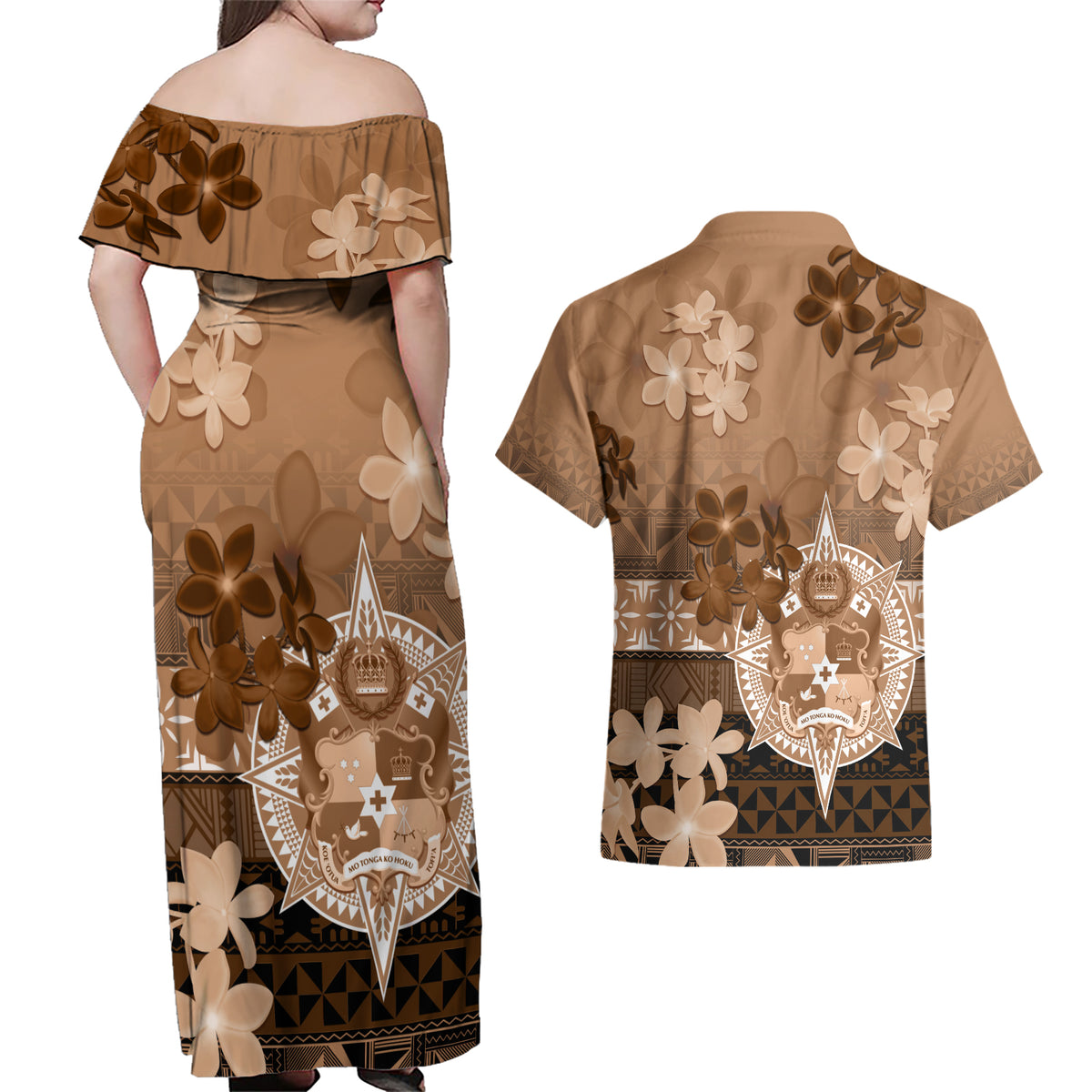 Tonga Emancipation Day Couples Matching Off Shoulder Maxi Dress and Hawaiian Shirt Tongan Kupesi Ngatu Pattern Vintage Style LT05 - Polynesian Pride