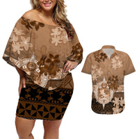 Tonga Emancipation Day Couples Matching Off Shoulder Short Dress and Hawaiian Shirt Tongan Kupesi Ngatu Pattern Vintage Style LT05 Brown - Polynesian Pride