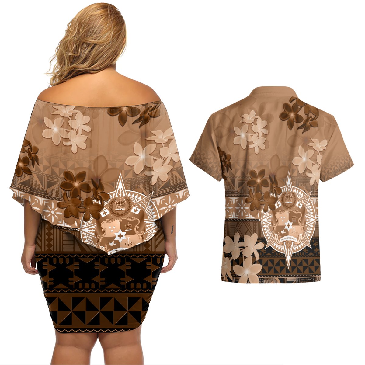 Tonga Emancipation Day Couples Matching Off Shoulder Short Dress and Hawaiian Shirt Tongan Kupesi Ngatu Pattern Vintage Style LT05 - Polynesian Pride