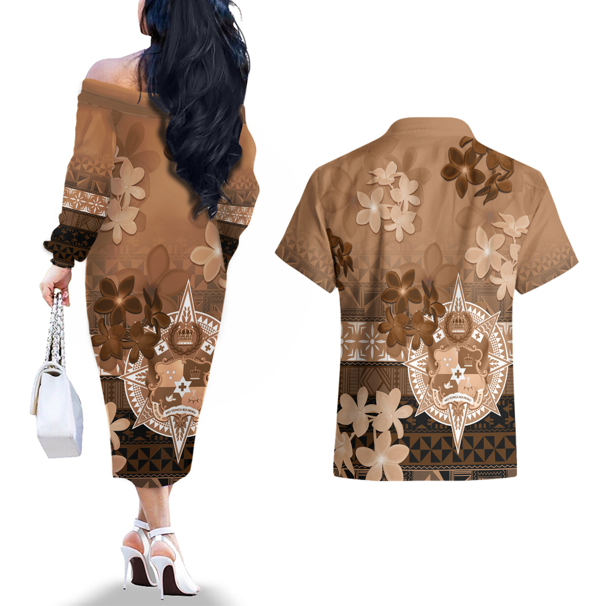 Tonga Emancipation Day Couples Matching Off The Shoulder Long Sleeve Dress and Hawaiian Shirt Tongan Kupesi Ngatu Pattern Vintage Style LT05 - Polynesian Pride