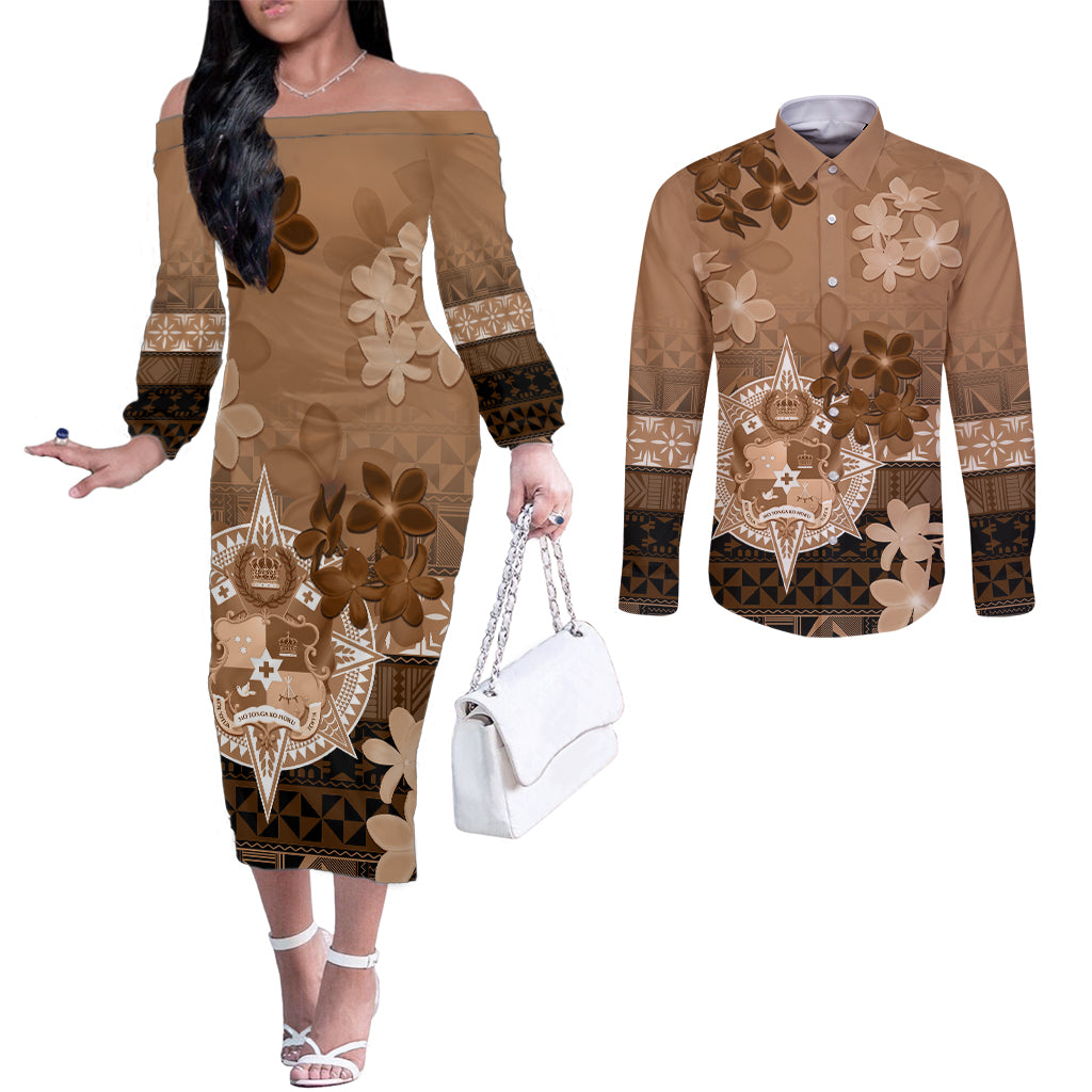 Tonga Emancipation Day Couples Matching Off The Shoulder Long Sleeve Dress and Long Sleeve Button Shirt Tongan Kupesi Ngatu Pattern Vintage Style LT05 Brown - Polynesian Pride