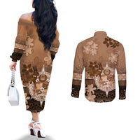 Tonga Emancipation Day Couples Matching Off The Shoulder Long Sleeve Dress and Long Sleeve Button Shirt Tongan Kupesi Ngatu Pattern Vintage Style LT05 - Polynesian Pride