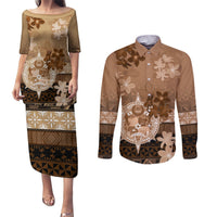 Tonga Emancipation Day Couples Matching Puletasi and Long Sleeve Button Shirt Tongan Kupesi Ngatu Pattern Vintage Style LT05 Brown - Polynesian Pride