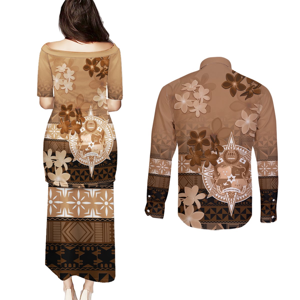 Tonga Emancipation Day Couples Matching Puletasi and Long Sleeve Button Shirt Tongan Kupesi Ngatu Pattern Vintage Style LT05 - Polynesian Pride