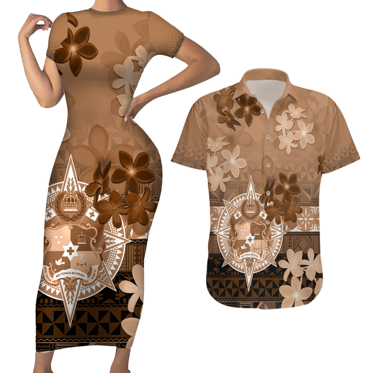 Tonga Emancipation Day Couples Matching Short Sleeve Bodycon Dress and Hawaiian Shirt Tongan Kupesi Ngatu Pattern Vintage Style LT05 Brown - Polynesian Pride