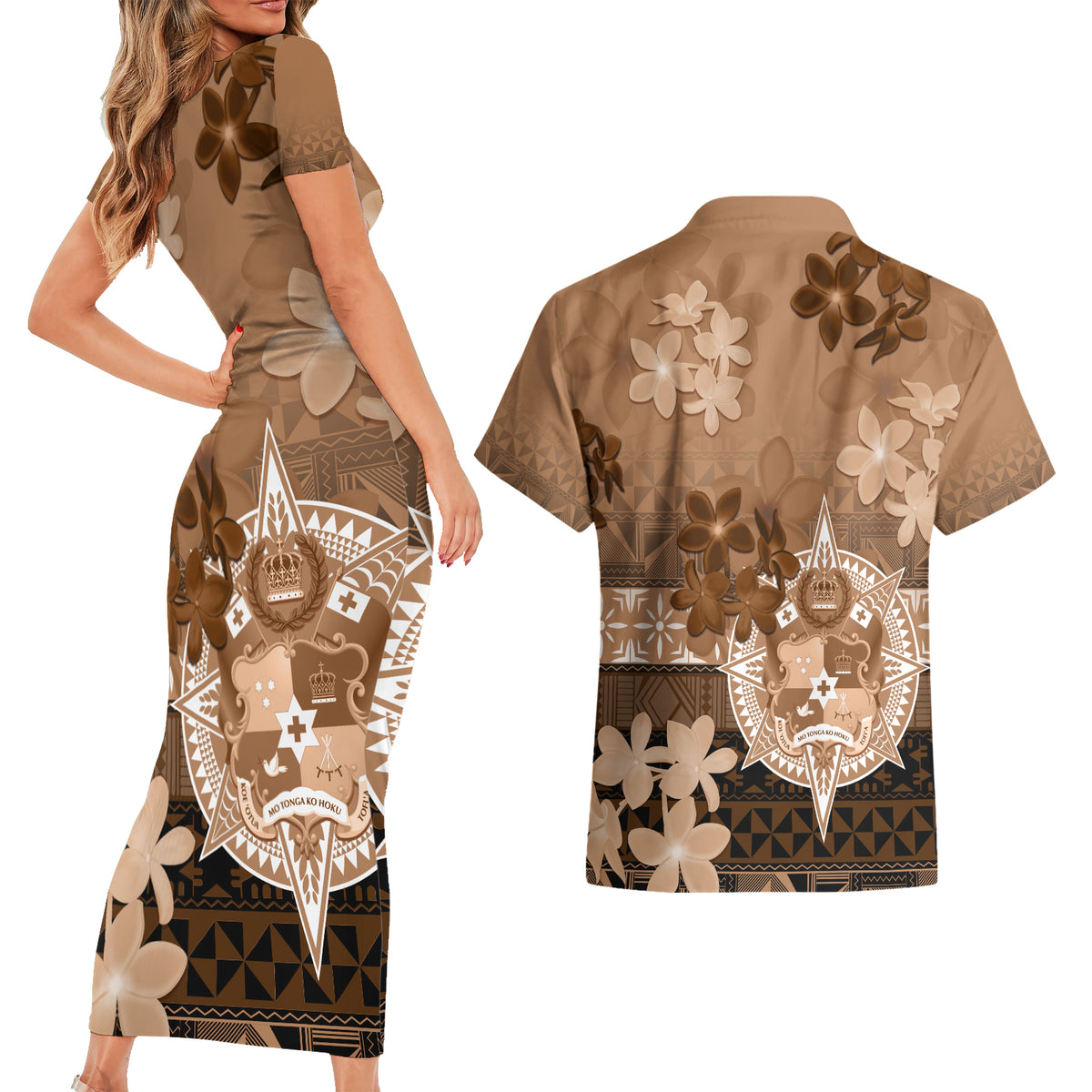 Tonga Emancipation Day Couples Matching Short Sleeve Bodycon Dress and Hawaiian Shirt Tongan Kupesi Ngatu Pattern Vintage Style LT05 - Polynesian Pride