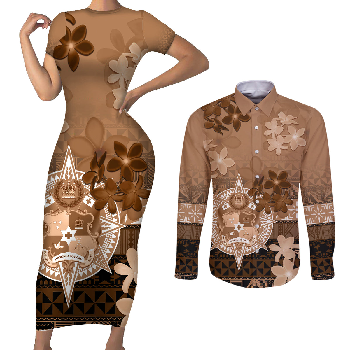 Tonga Emancipation Day Couples Matching Short Sleeve Bodycon Dress and Long Sleeve Button Shirt Tongan Kupesi Ngatu Pattern Vintage Style LT05 Brown - Polynesian Pride