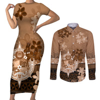 Tonga Emancipation Day Couples Matching Short Sleeve Bodycon Dress and Long Sleeve Button Shirt Tongan Kupesi Ngatu Pattern Vintage Style LT05 Brown - Polynesian Pride