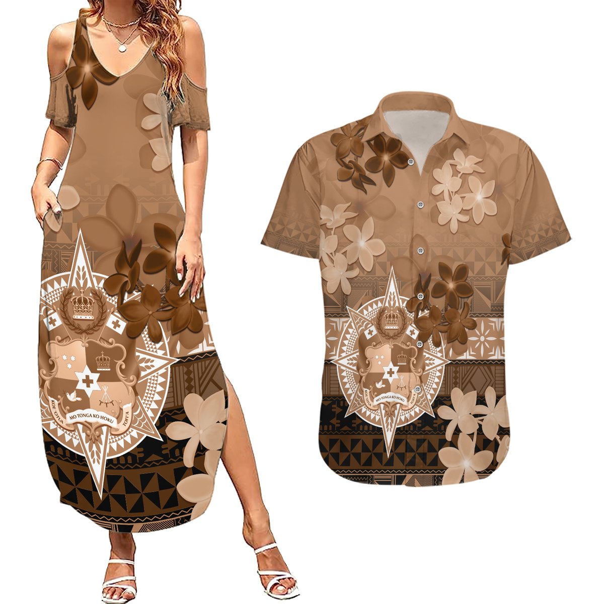 Tonga Emancipation Day Couples Matching Summer Maxi Dress and Hawaiian Shirt Tongan Kupesi Ngatu Pattern Vintage Style LT05 Brown - Polynesian Pride