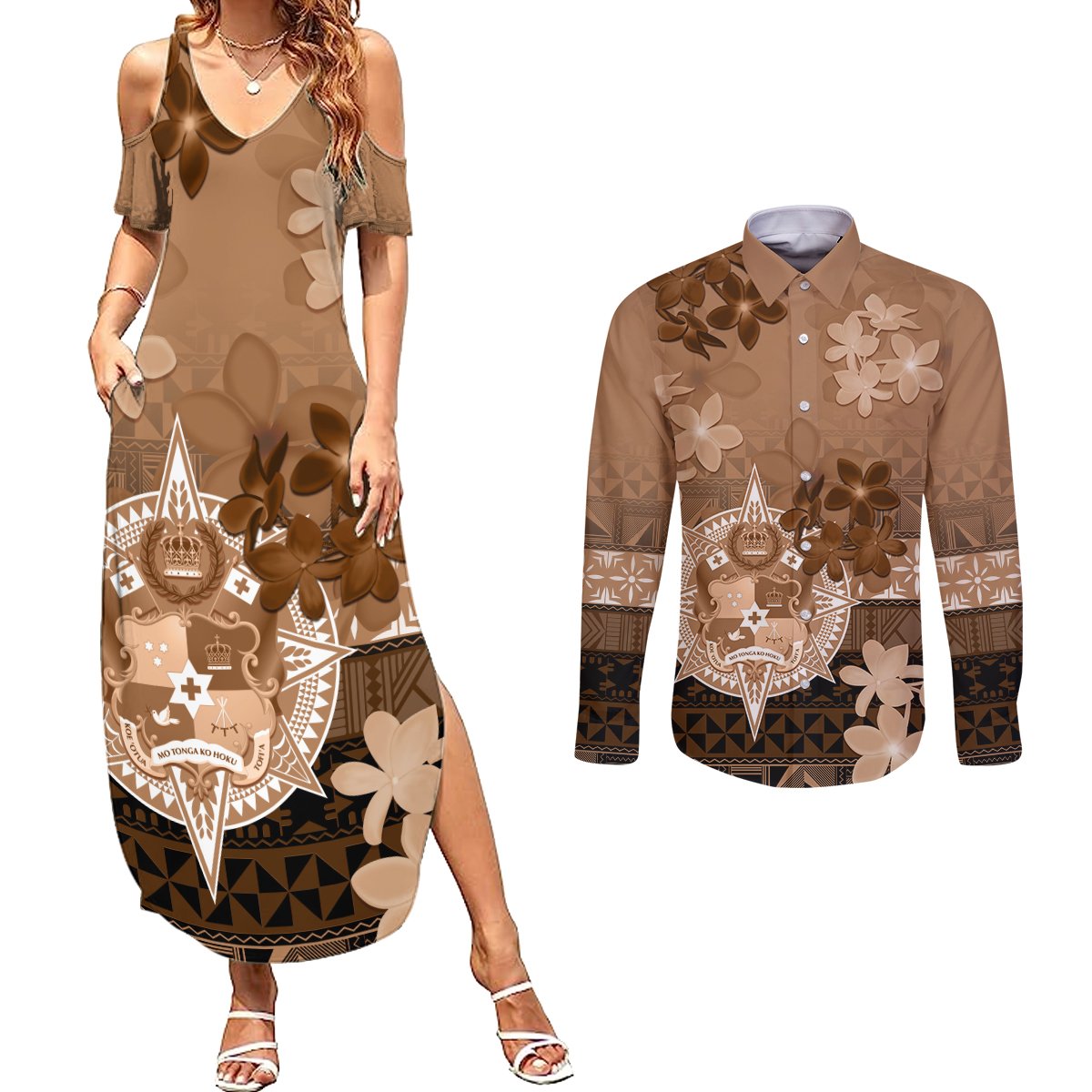 Tonga Emancipation Day Couples Matching Summer Maxi Dress and Long Sleeve Button Shirt Tongan Kupesi Ngatu Pattern Vintage Style