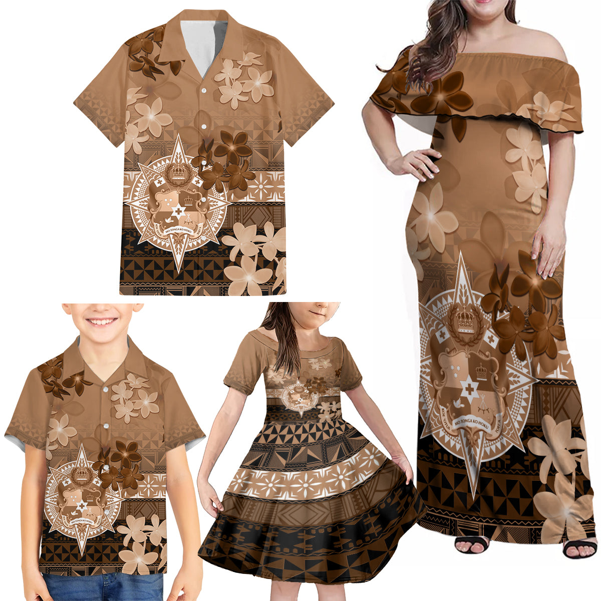 Tonga Emancipation Day Family Matching Off Shoulder Maxi Dress and Hawaiian Shirt Tongan Kupesi Ngatu Pattern Vintage Style LT05 - Polynesian Pride