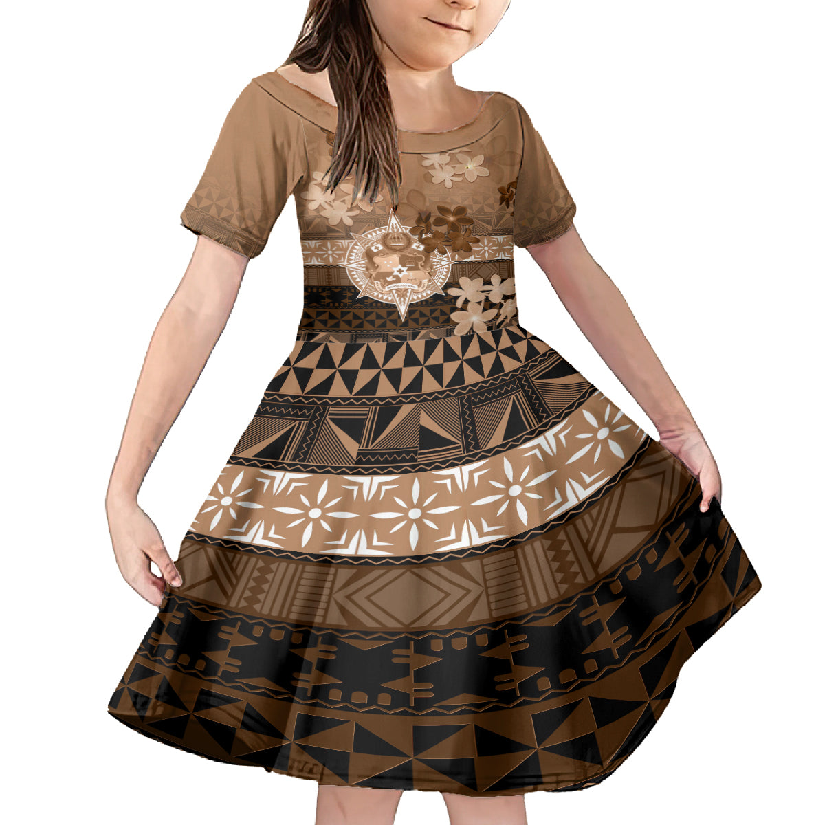 Tonga Emancipation Day Family Matching Puletasi and Hawaiian Shirt Tongan Kupesi Ngatu Pattern Vintage Style LT05 Daughter's Dress Brown - Polynesian Pride