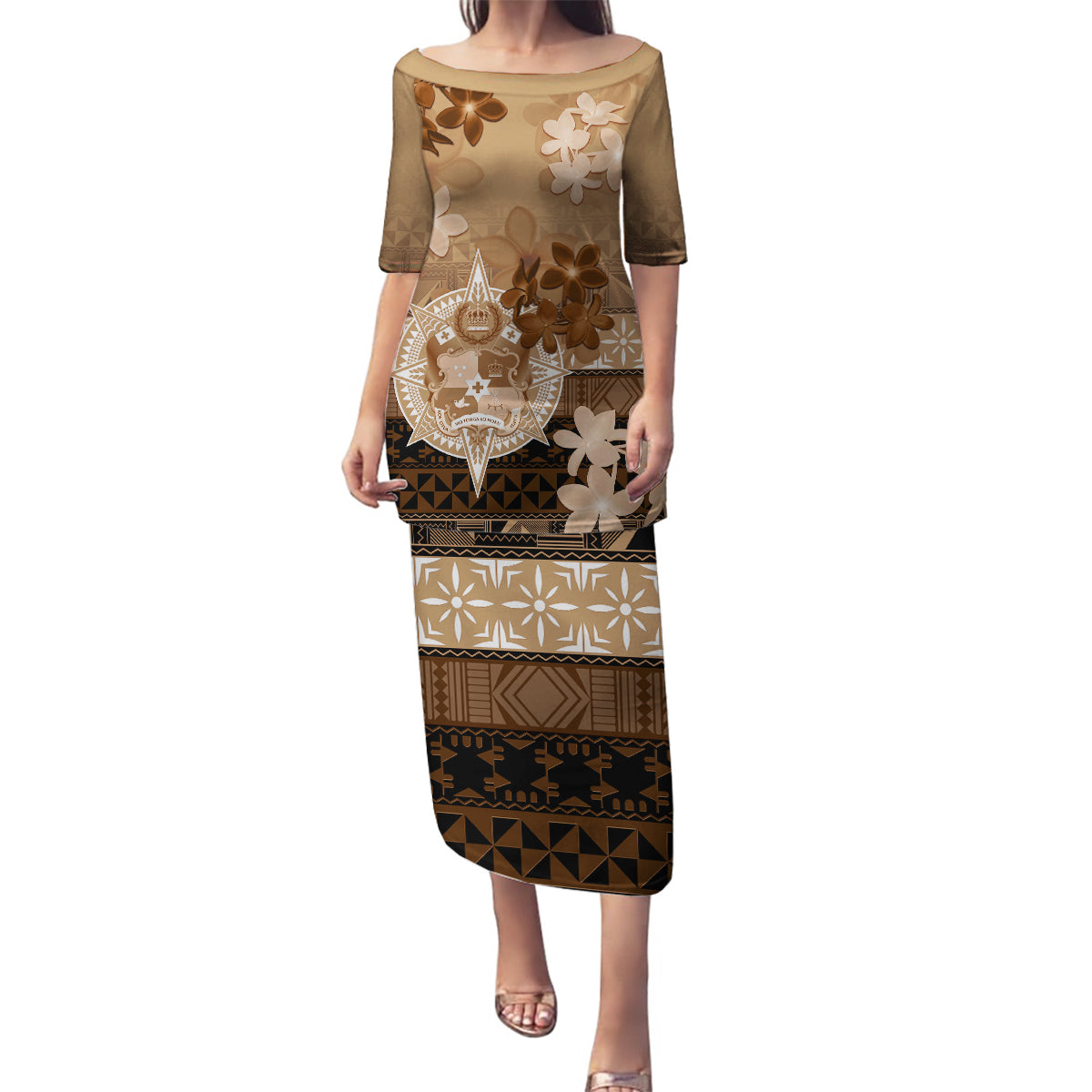 Tonga Emancipation Day Family Matching Puletasi and Hawaiian Shirt Tongan Kupesi Ngatu Pattern Vintage Style LT05 Mom's Dress Brown - Polynesian Pride