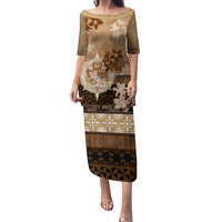 Tonga Emancipation Day Family Matching Puletasi and Hawaiian Shirt Tongan Kupesi Ngatu Pattern Vintage Style LT05 Mom's Dress Brown - Polynesian Pride