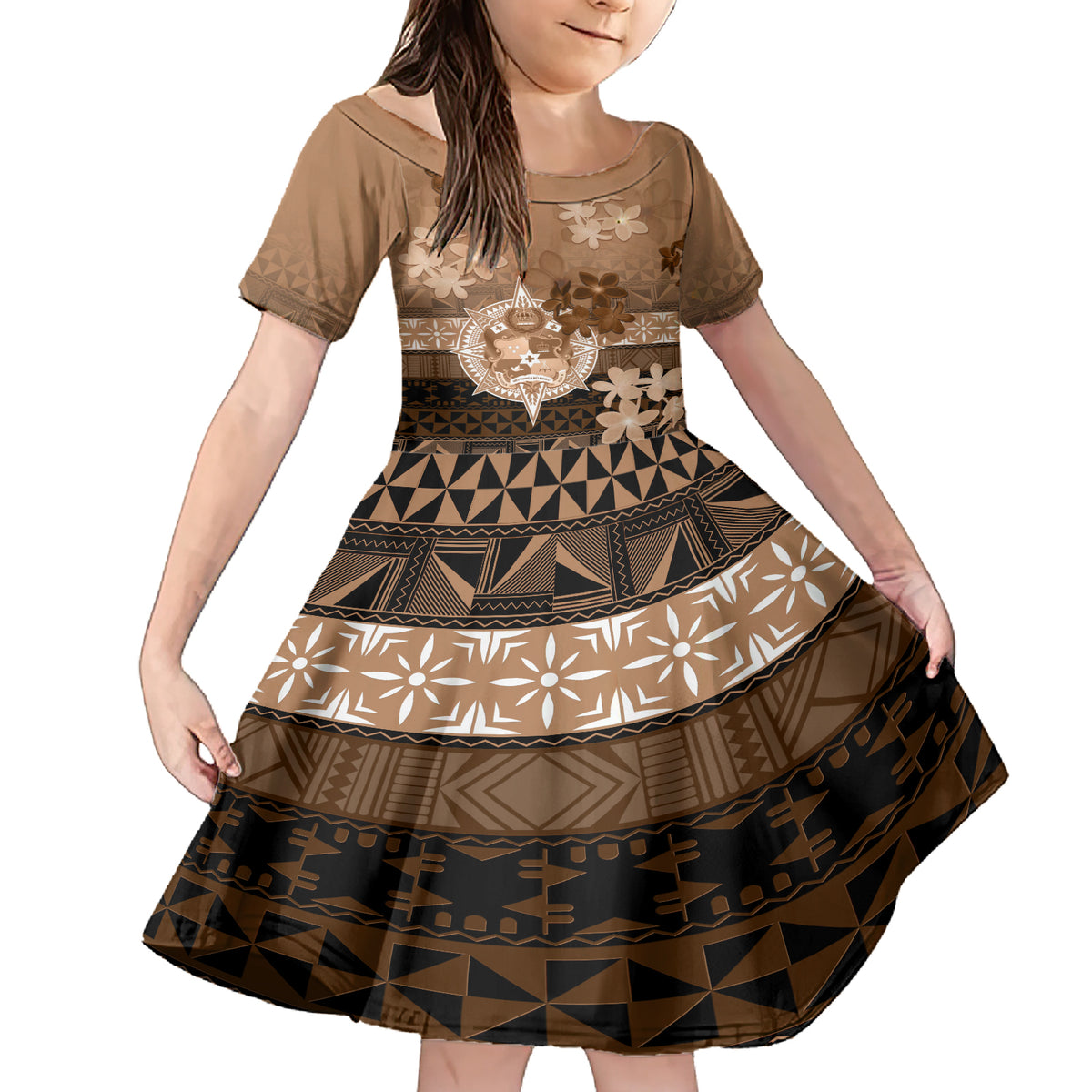 Tonga Emancipation Day Family Matching Short Sleeve Bodycon Dress and Hawaiian Shirt Tongan Kupesi Ngatu Pattern Vintage Style LT05 Daughter's Dress Brown - Polynesian Pride