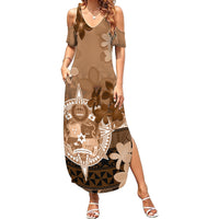 Tonga Emancipation Day Family Matching Summer Maxi Dress and Hawaiian Shirt Tongan Kupesi Ngatu Pattern Vintage Style LT05 Mom's Dress Brown - Polynesian Pride