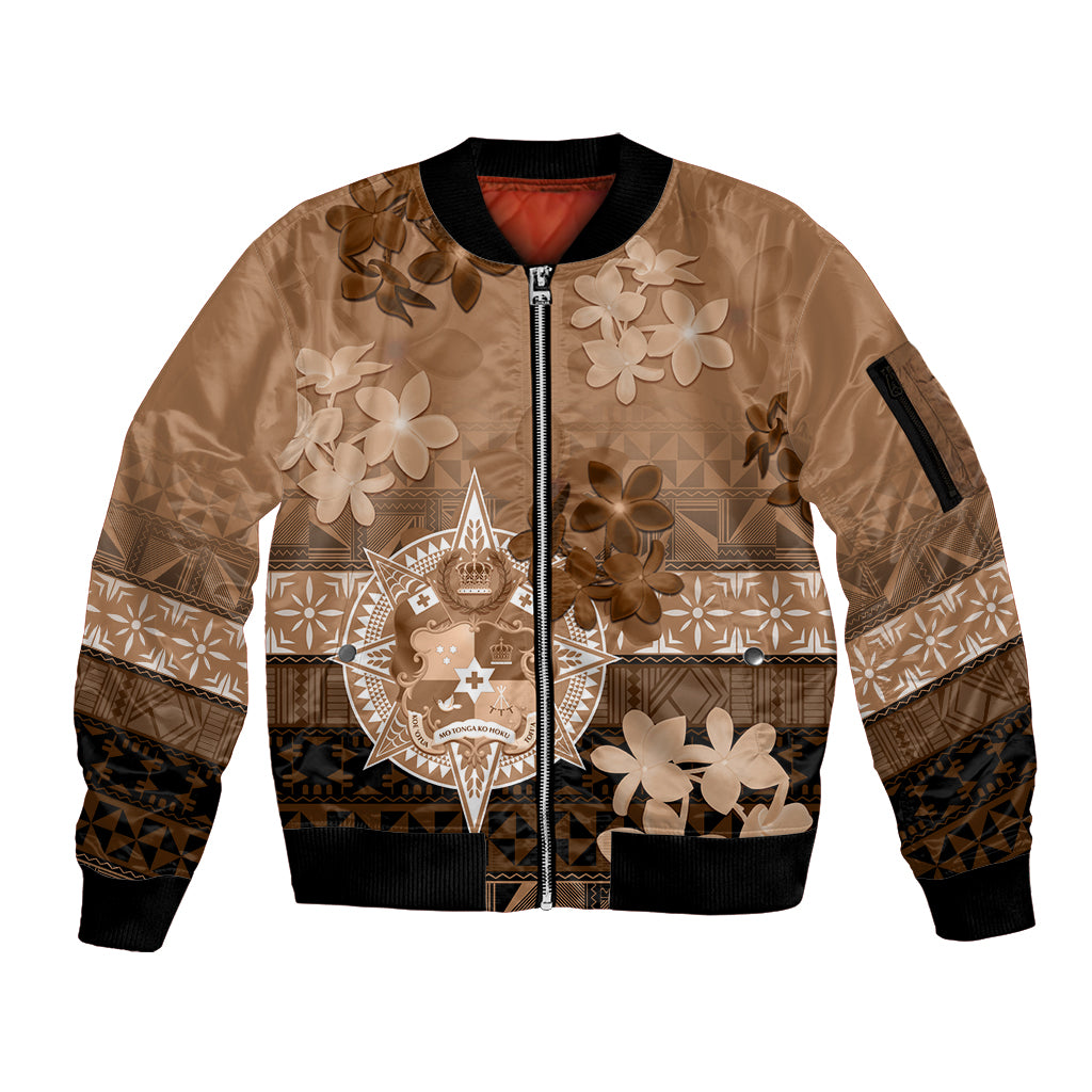 Tonga Emancipation Day Sleeve Zip Bomber Jacket Tongan Kupesi Ngatu Pattern Vintage Style LT05 Unisex Brown - Polynesian Pride