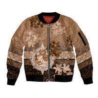 Tonga Emancipation Day Sleeve Zip Bomber Jacket Tongan Kupesi Ngatu Pattern Vintage Style LT05 Unisex Brown - Polynesian Pride