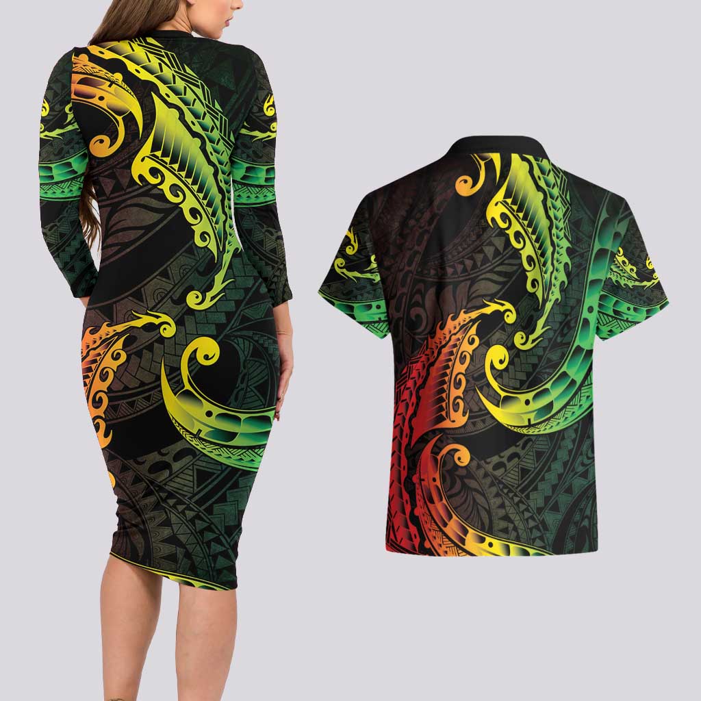 AAPI Heritage Month Couples Matching Long Sleeve Bodycon Dress and Hawaiian Shirt Kanaka Maoli Polynesian Tribal Wave LT05 - Polynesian Pride