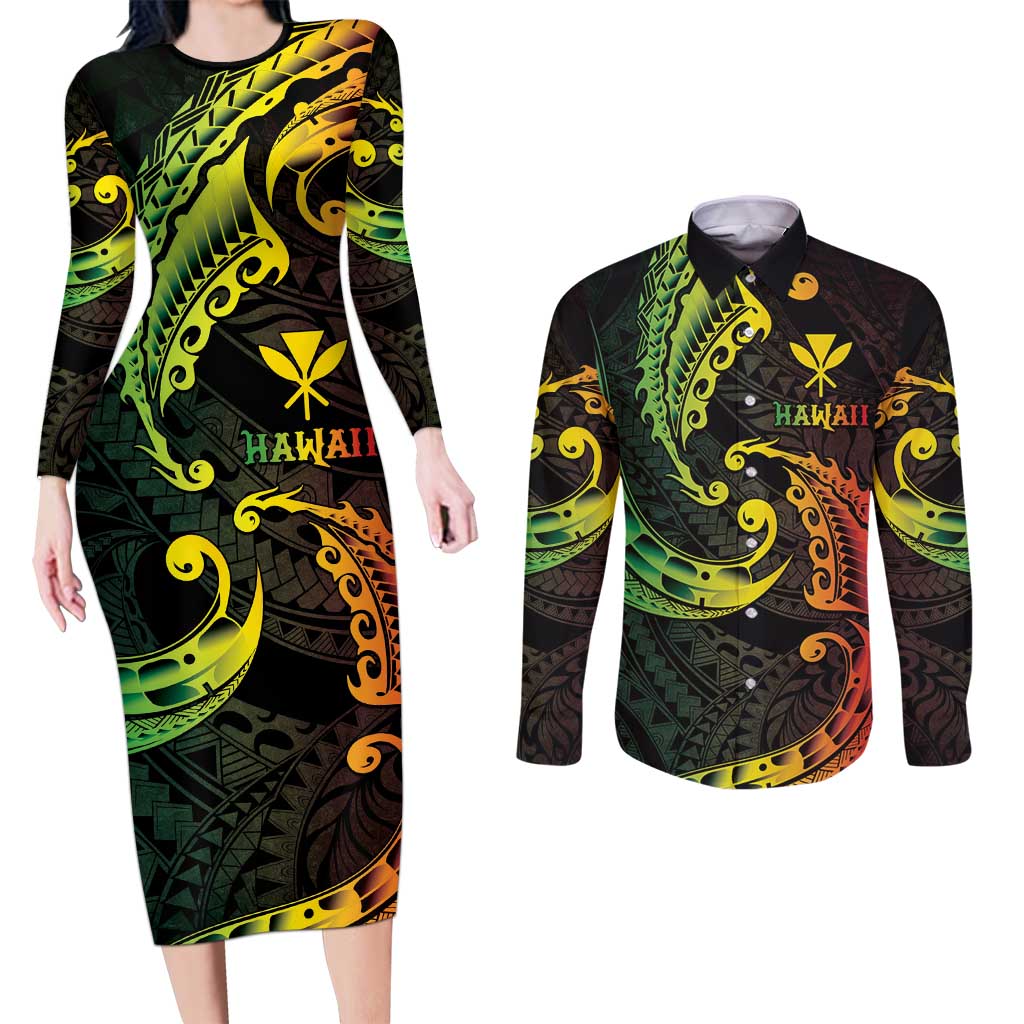 AAPI Heritage Month Couples Matching Long Sleeve Bodycon Dress and Long Sleeve Button Shirt Kanaka Maoli Polynesian Tribal Wave LT05 Reggae - Polynesian Pride
