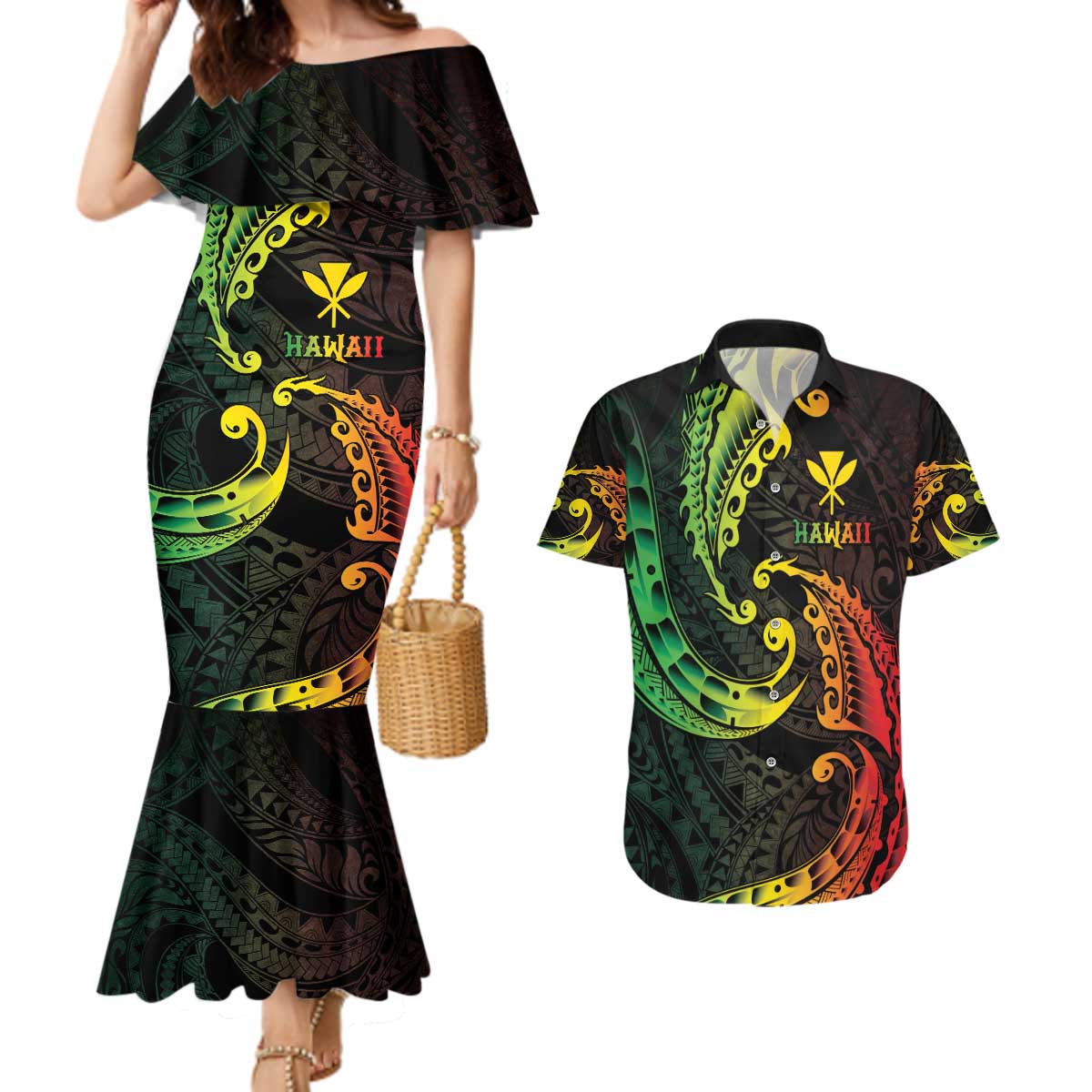 AAPI Heritage Month Couples Matching Mermaid Dress and Hawaiian Shirt Kanaka Maoli Polynesian Tribal Wave LT05 Reggae - Polynesian Pride