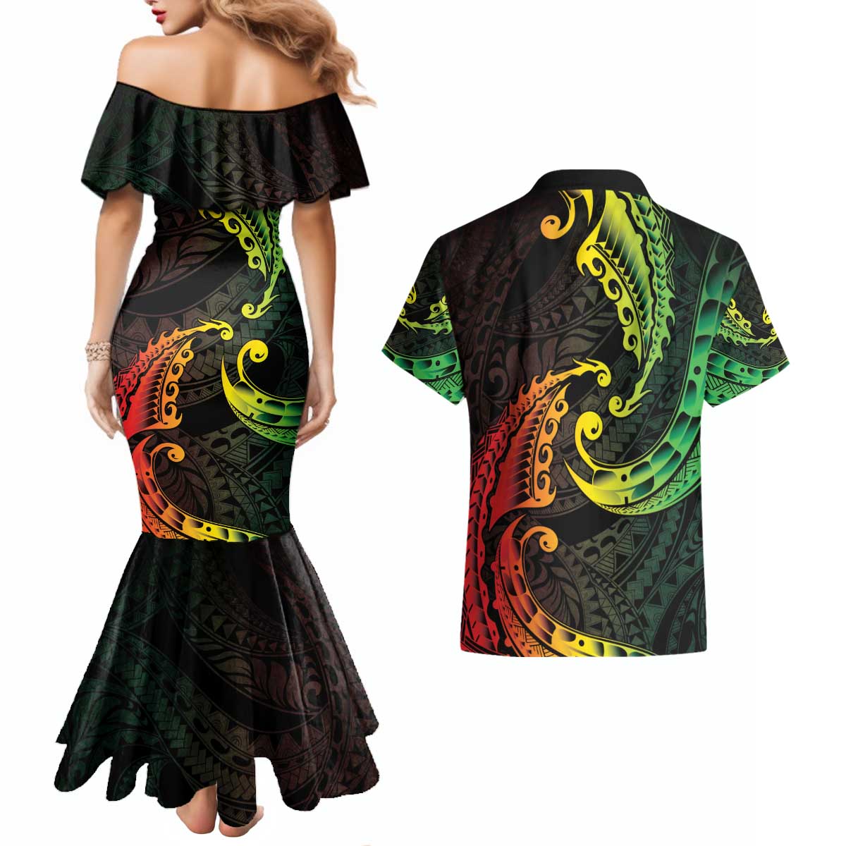 AAPI Heritage Month Couples Matching Mermaid Dress and Hawaiian Shirt Kanaka Maoli Polynesian Tribal Wave LT05 - Polynesian Pride