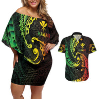 AAPI Heritage Month Couples Matching Off Shoulder Short Dress and Hawaiian Shirt Kanaka Maoli Polynesian Tribal Wave LT05 Reggae - Polynesian Pride