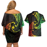 AAPI Heritage Month Couples Matching Off Shoulder Short Dress and Hawaiian Shirt Kanaka Maoli Polynesian Tribal Wave LT05 - Polynesian Pride