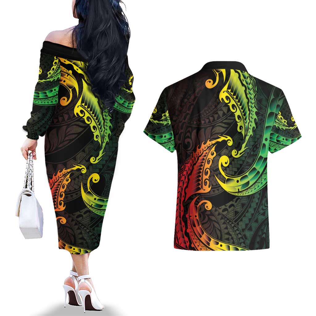 AAPI Heritage Month Couples Matching Off The Shoulder Long Sleeve Dress and Hawaiian Shirt Kanaka Maoli Polynesian Tribal Wave LT05 - Polynesian Pride