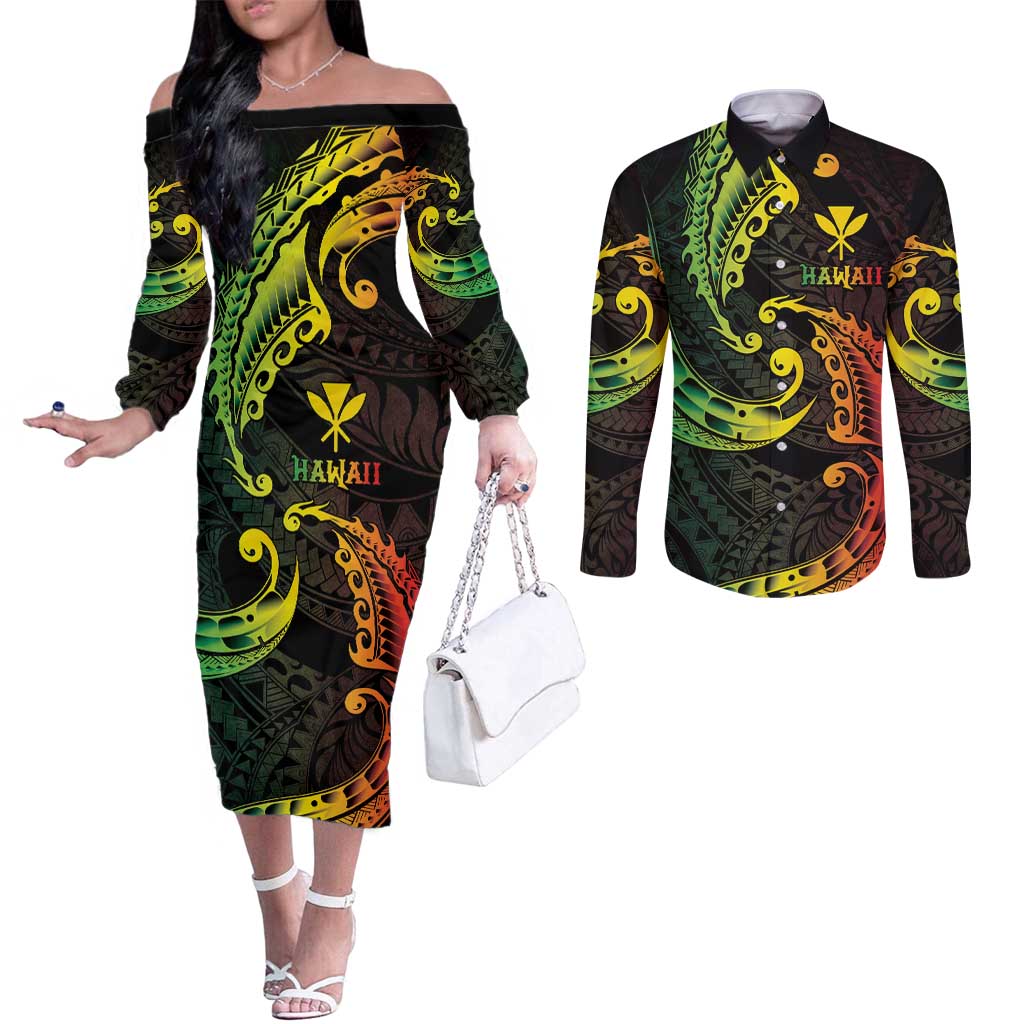 AAPI Heritage Month Couples Matching Off The Shoulder Long Sleeve Dress and Long Sleeve Button Shirt Kanaka Maoli Polynesian Tribal Wave LT05 Reggae - Polynesian Pride